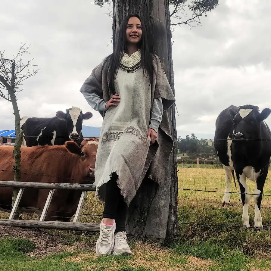 Mujer con ruana de lana en el campo, junto a vacas